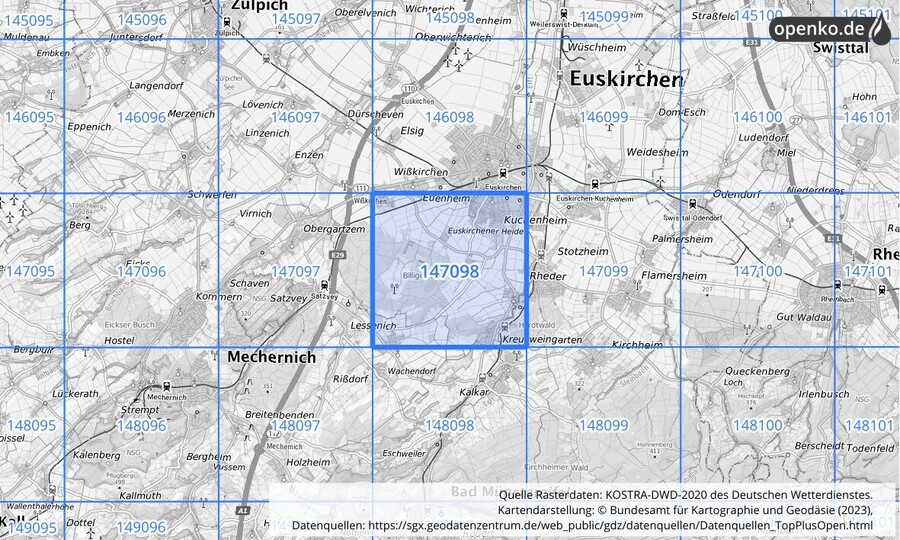 Übersichtskarte des KOSTRA-DWD-2020-Rasterfeldes Nr. 147098