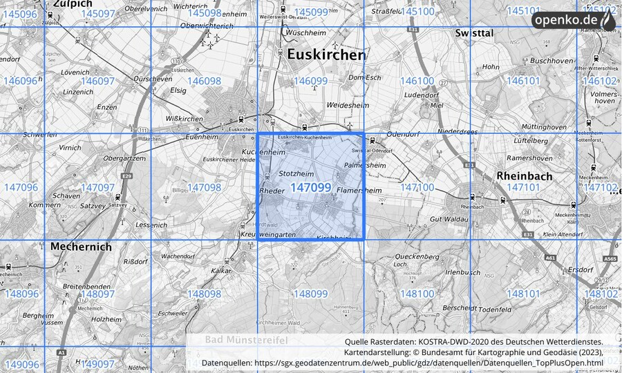 Übersichtskarte des KOSTRA-DWD-2020-Rasterfeldes Nr. 147099