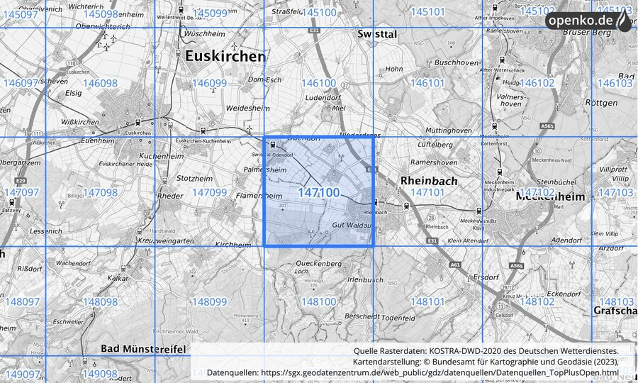 Übersichtskarte des KOSTRA-DWD-2020-Rasterfeldes Nr. 147100