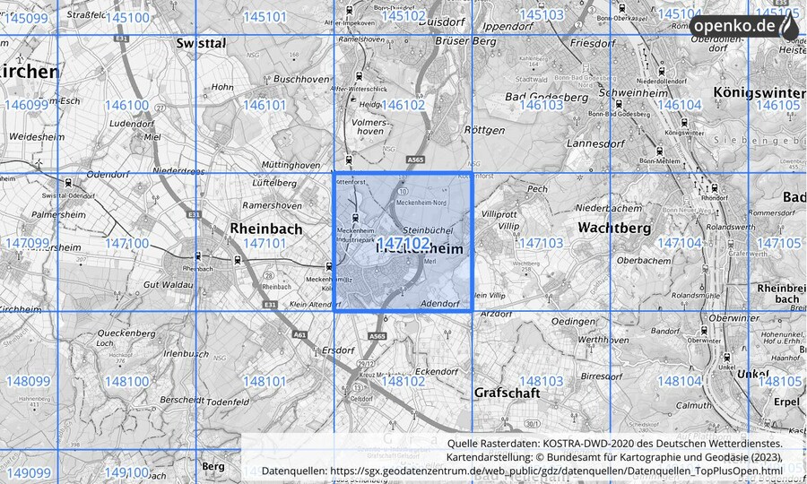 Übersichtskarte des KOSTRA-DWD-2020-Rasterfeldes Nr. 147102