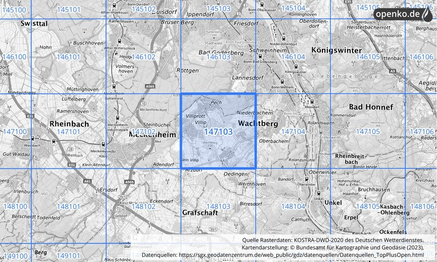 Übersichtskarte des KOSTRA-DWD-2020-Rasterfeldes Nr. 147103
