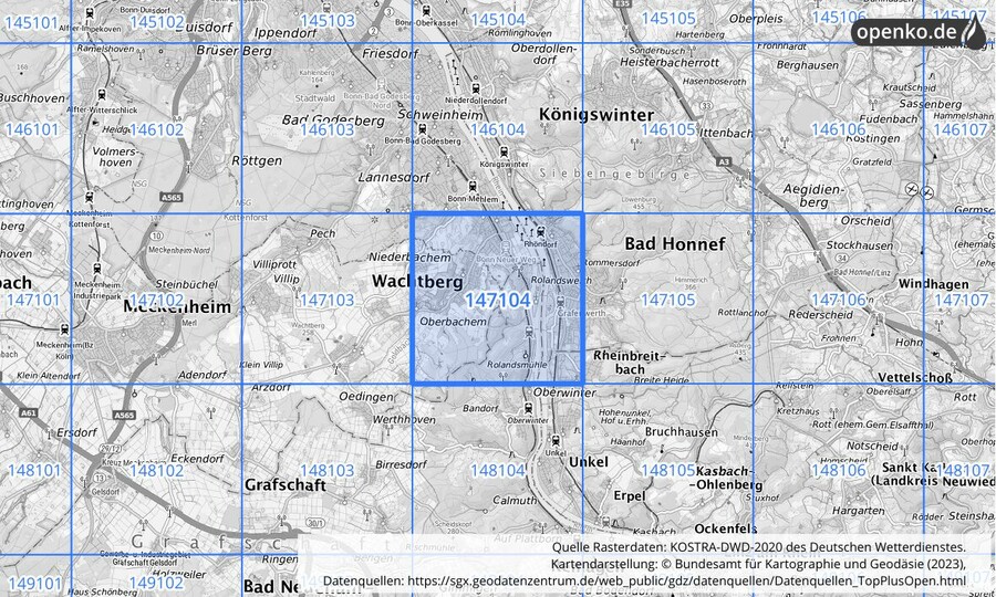 Übersichtskarte des KOSTRA-DWD-2020-Rasterfeldes Nr. 147104