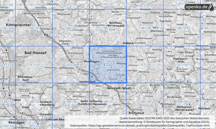 Übersichtskarte des KOSTRA-DWD-2020-Rasterfeldes Nr. 147107