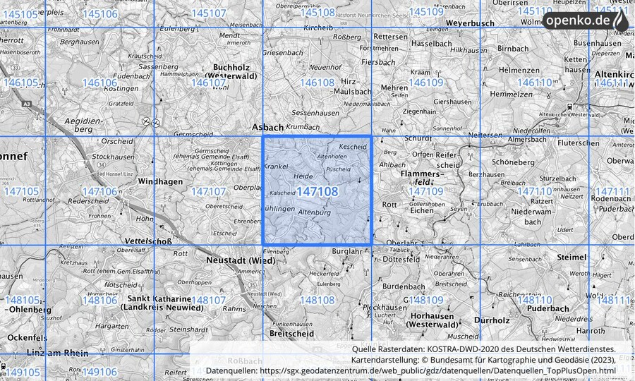 Übersichtskarte des KOSTRA-DWD-2020-Rasterfeldes Nr. 147108