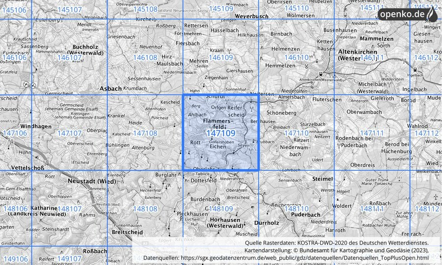 Übersichtskarte des KOSTRA-DWD-2020-Rasterfeldes Nr. 147109