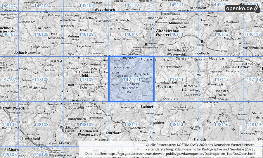 Übersichtskarte des KOSTRA-DWD-2020-Rasterfeldes Nr. 147110