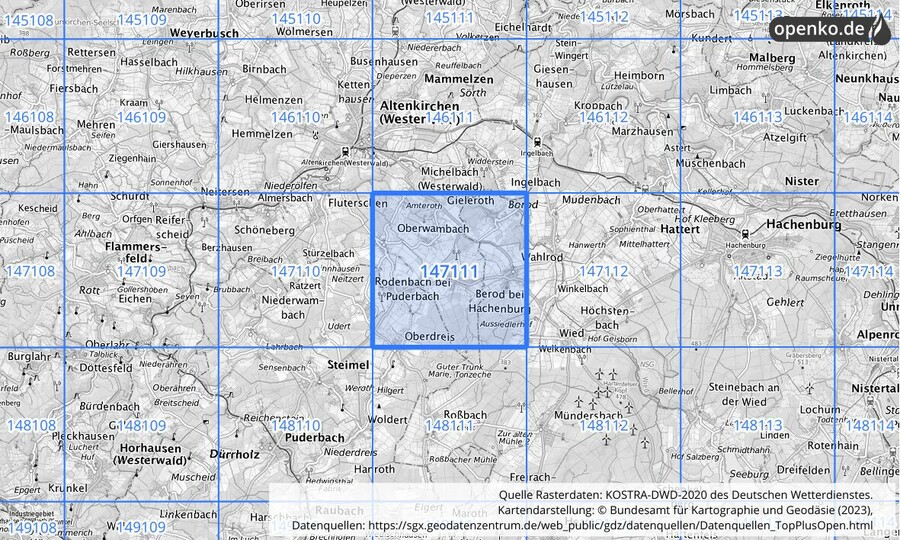 Übersichtskarte des KOSTRA-DWD-2020-Rasterfeldes Nr. 147111