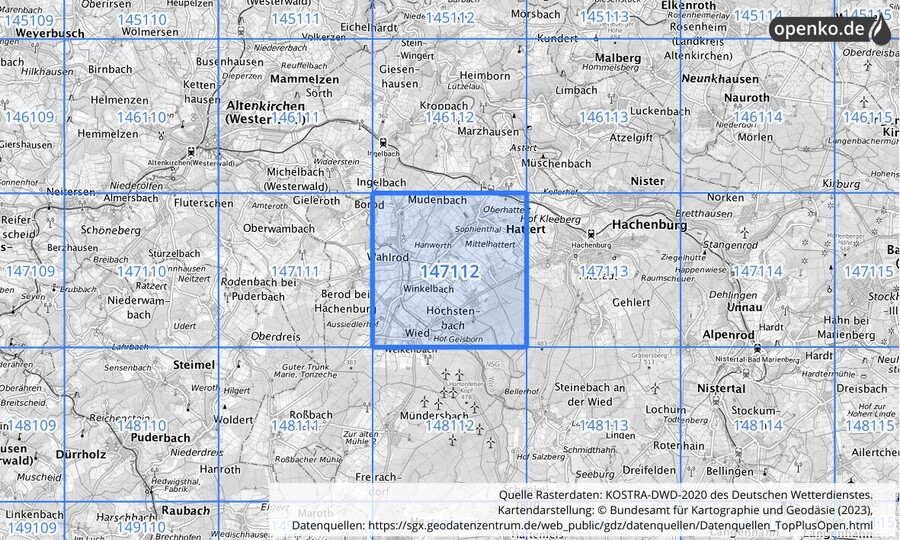Übersichtskarte des KOSTRA-DWD-2020-Rasterfeldes Nr. 147112