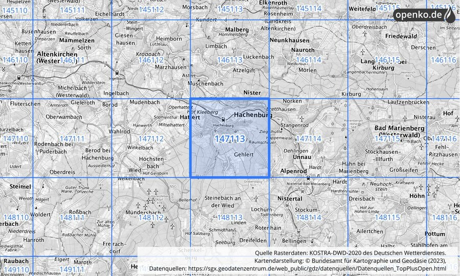 Übersichtskarte des KOSTRA-DWD-2020-Rasterfeldes Nr. 147113