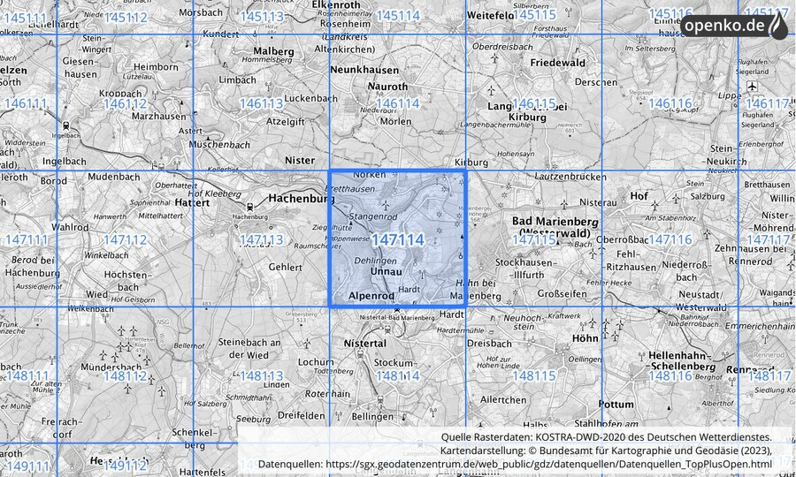 Übersichtskarte des KOSTRA-DWD-2020-Rasterfeldes Nr. 147114