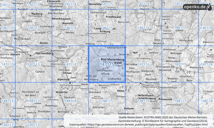 Übersichtskarte des KOSTRA-DWD-2020-Rasterfeldes Nr. 147115