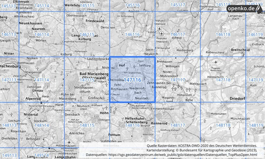 Übersichtskarte des KOSTRA-DWD-2020-Rasterfeldes Nr. 147116
