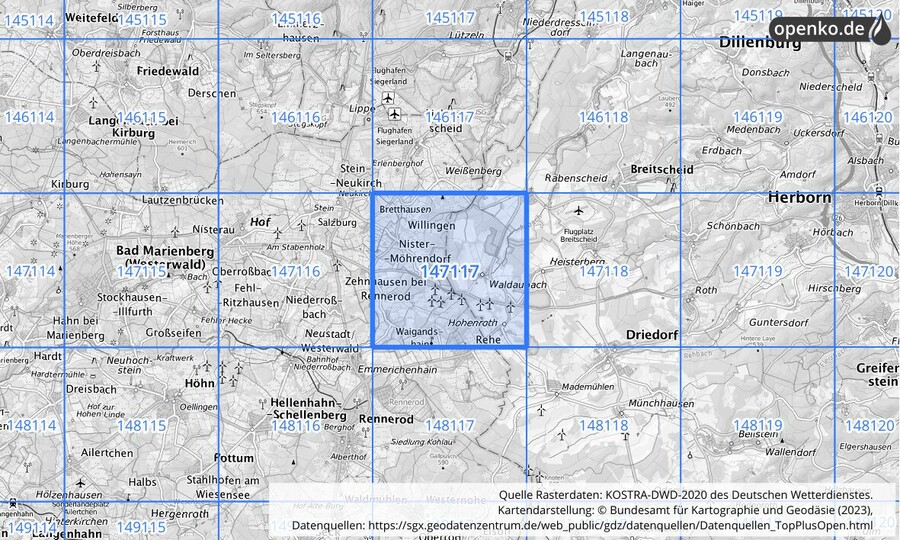 Übersichtskarte des KOSTRA-DWD-2020-Rasterfeldes Nr. 147117
