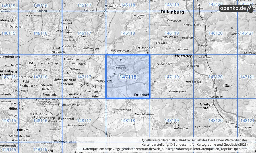 Übersichtskarte des KOSTRA-DWD-2020-Rasterfeldes Nr. 147118