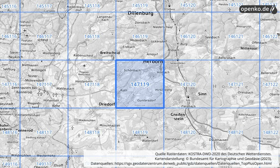 Übersichtskarte des KOSTRA-DWD-2020-Rasterfeldes Nr. 147119