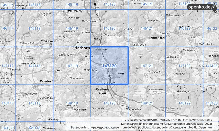 Übersichtskarte des KOSTRA-DWD-2020-Rasterfeldes Nr. 147120