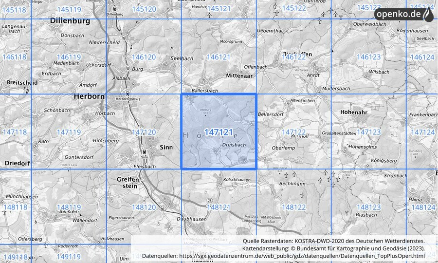 Übersichtskarte des KOSTRA-DWD-2020-Rasterfeldes Nr. 147121