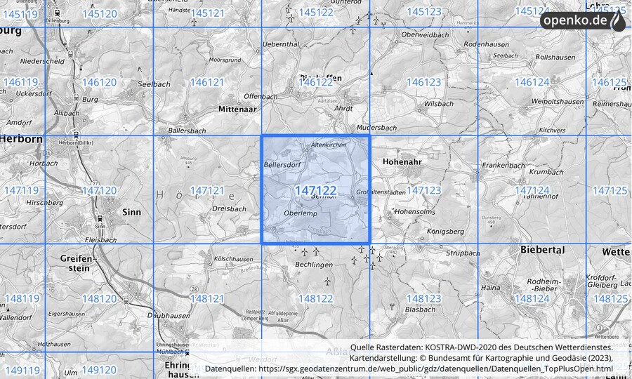 Übersichtskarte des KOSTRA-DWD-2020-Rasterfeldes Nr. 147122