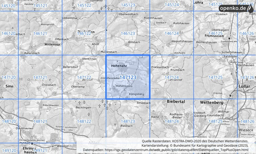 Übersichtskarte des KOSTRA-DWD-2020-Rasterfeldes Nr. 147123