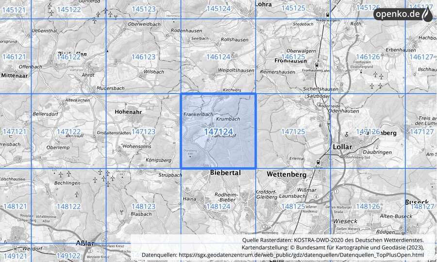 Übersichtskarte des KOSTRA-DWD-2020-Rasterfeldes Nr. 147124