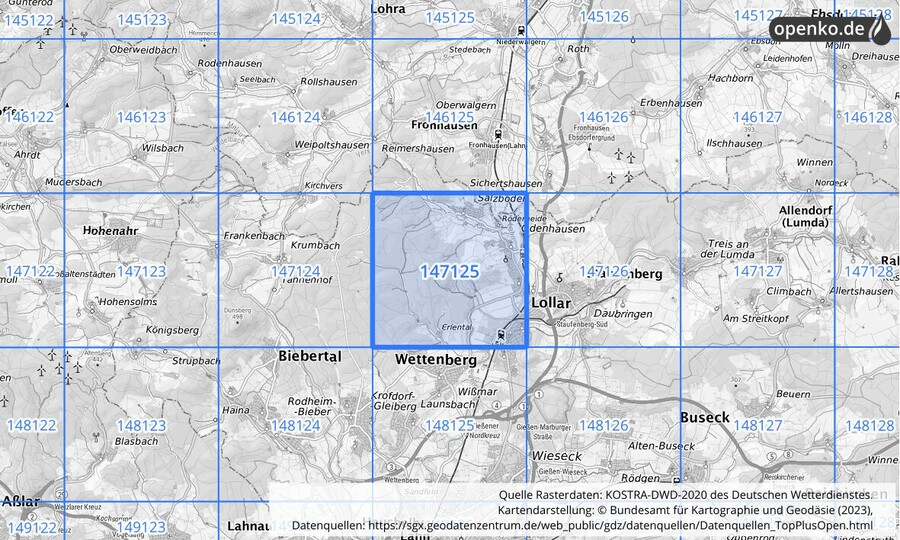 Übersichtskarte des KOSTRA-DWD-2020-Rasterfeldes Nr. 147125