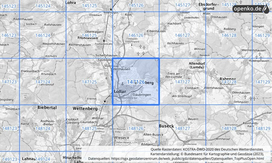 Übersichtskarte des KOSTRA-DWD-2020-Rasterfeldes Nr. 147126