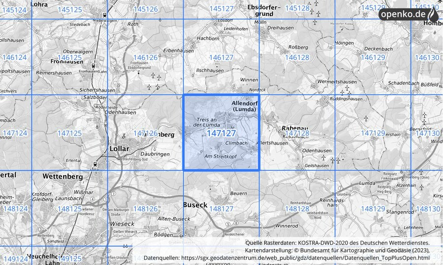 Übersichtskarte des KOSTRA-DWD-2020-Rasterfeldes Nr. 147127