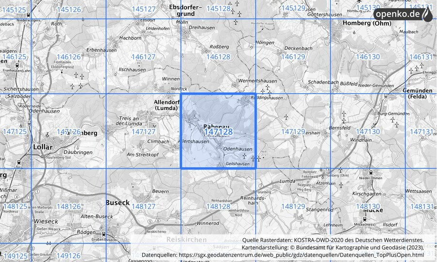 Übersichtskarte des KOSTRA-DWD-2020-Rasterfeldes Nr. 147128