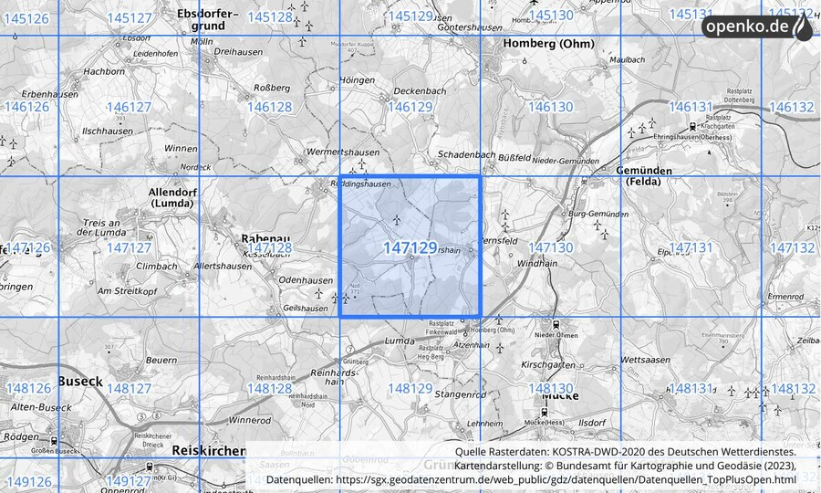 Übersichtskarte des KOSTRA-DWD-2020-Rasterfeldes Nr. 147129