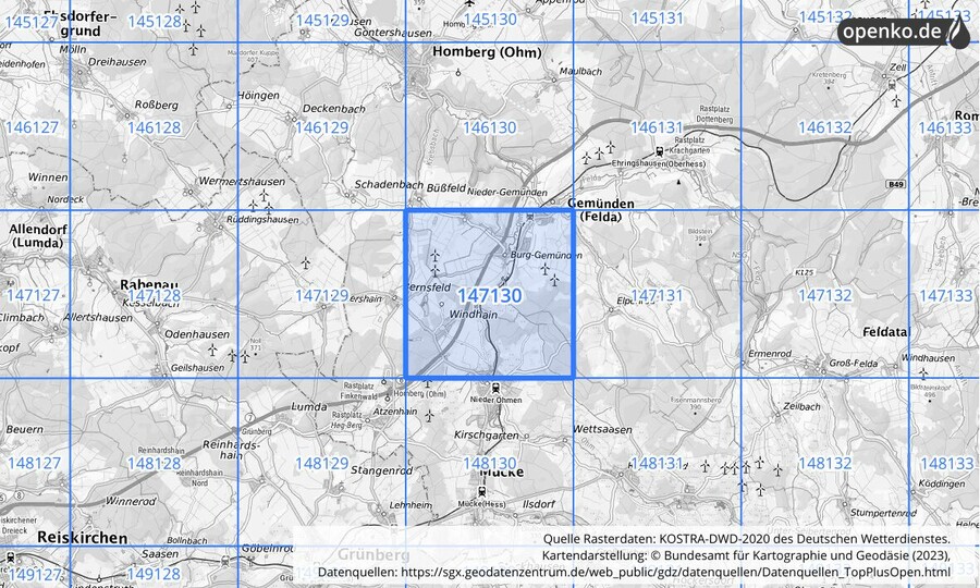Übersichtskarte des KOSTRA-DWD-2020-Rasterfeldes Nr. 147130