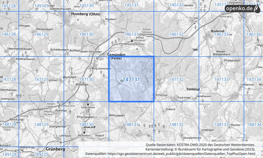 Übersichtskarte des KOSTRA-DWD-2020-Rasterfeldes Nr. 147131