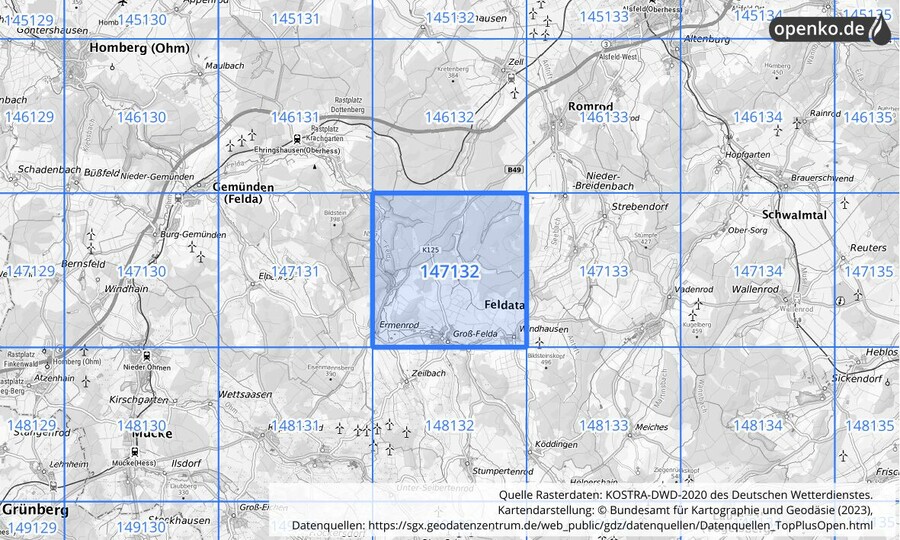 Übersichtskarte des KOSTRA-DWD-2020-Rasterfeldes Nr. 147132