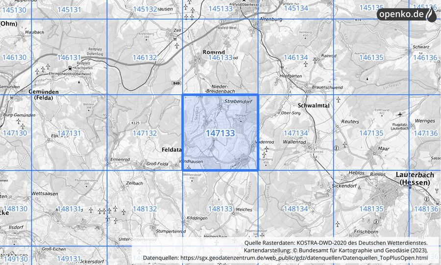 Übersichtskarte des KOSTRA-DWD-2020-Rasterfeldes Nr. 147133