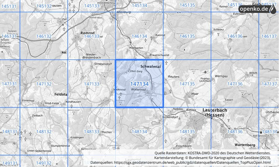 Übersichtskarte des KOSTRA-DWD-2020-Rasterfeldes Nr. 147134