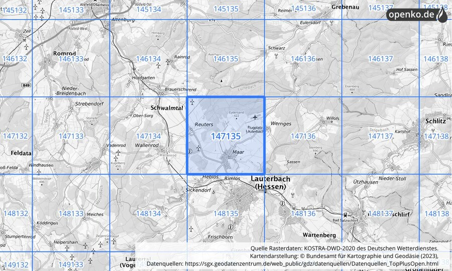 Übersichtskarte des KOSTRA-DWD-2020-Rasterfeldes Nr. 147135