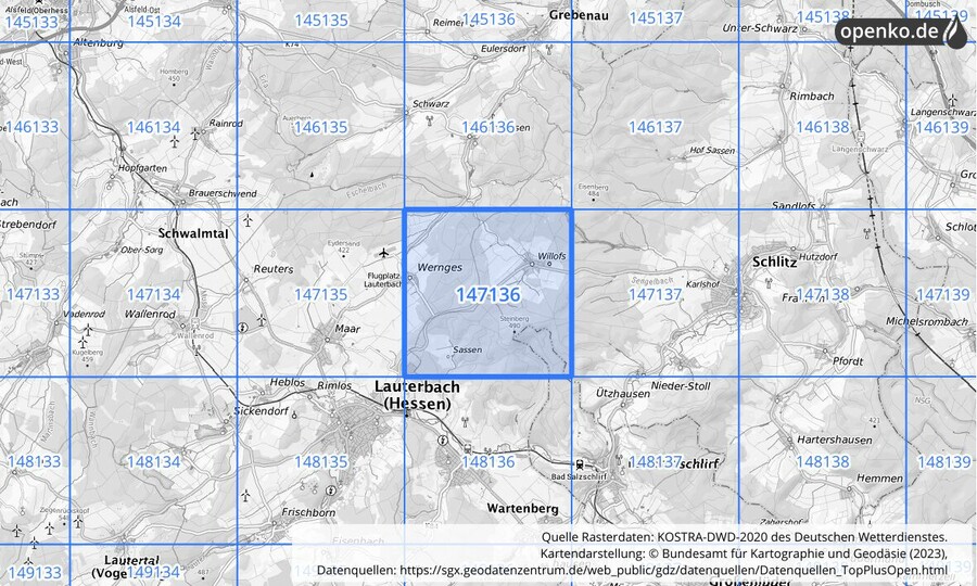 Übersichtskarte des KOSTRA-DWD-2020-Rasterfeldes Nr. 147136