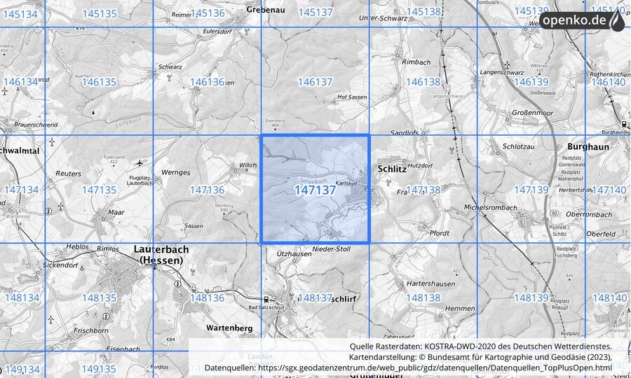 Übersichtskarte des KOSTRA-DWD-2020-Rasterfeldes Nr. 147137