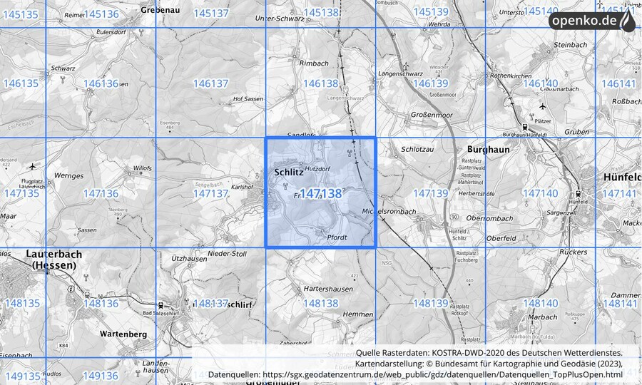 Übersichtskarte des KOSTRA-DWD-2020-Rasterfeldes Nr. 147138