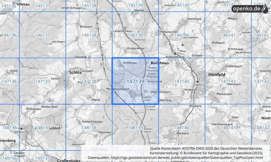 Übersichtskarte des KOSTRA-DWD-2020-Rasterfeldes Nr. 147139