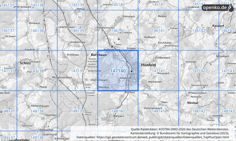 Übersichtskarte des KOSTRA-DWD-2020-Rasterfeldes Nr. 147140