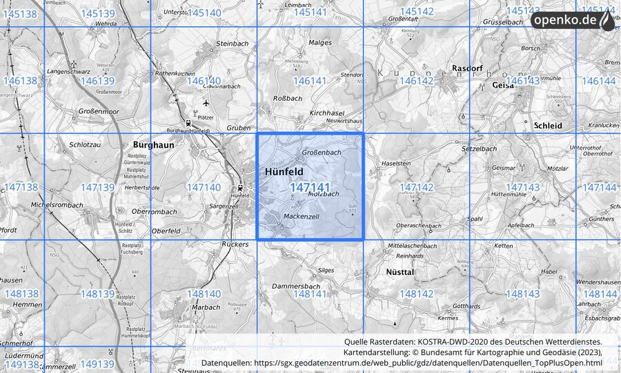 Übersichtskarte des KOSTRA-DWD-2020-Rasterfeldes Nr. 147141