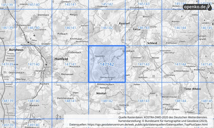 Übersichtskarte des KOSTRA-DWD-2020-Rasterfeldes Nr. 147142