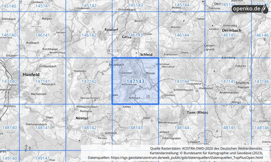 Übersichtskarte des KOSTRA-DWD-2020-Rasterfeldes Nr. 147143