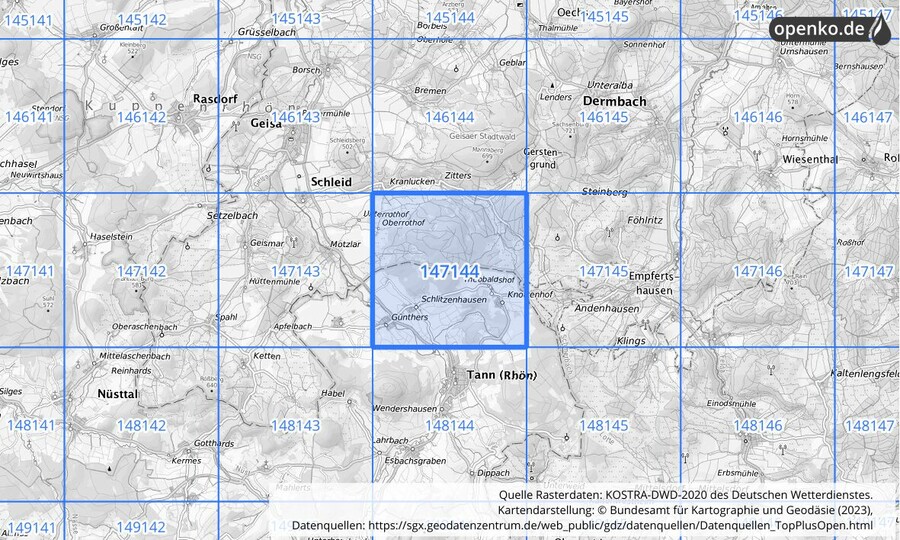 Übersichtskarte des KOSTRA-DWD-2020-Rasterfeldes Nr. 147144