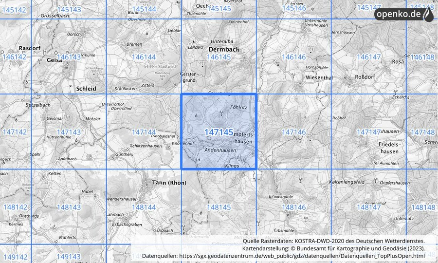 Übersichtskarte des KOSTRA-DWD-2020-Rasterfeldes Nr. 147145