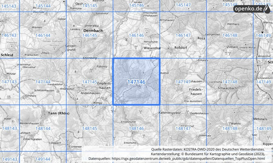 Übersichtskarte des KOSTRA-DWD-2020-Rasterfeldes Nr. 147146