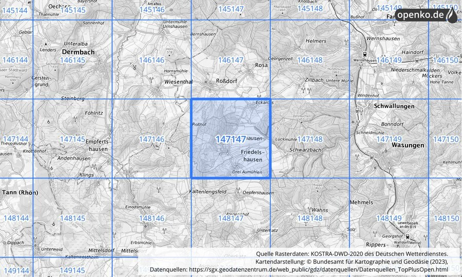 Übersichtskarte des KOSTRA-DWD-2020-Rasterfeldes Nr. 147147