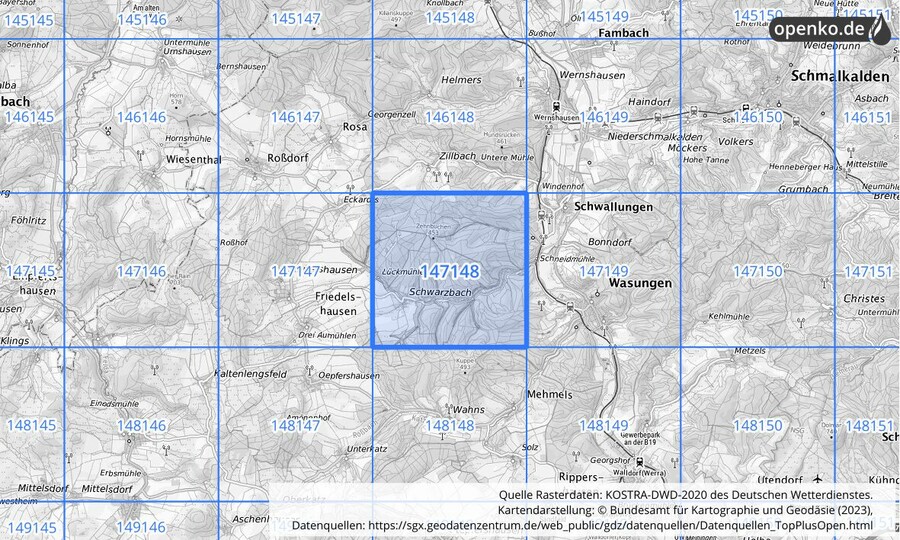 Übersichtskarte des KOSTRA-DWD-2020-Rasterfeldes Nr. 147148