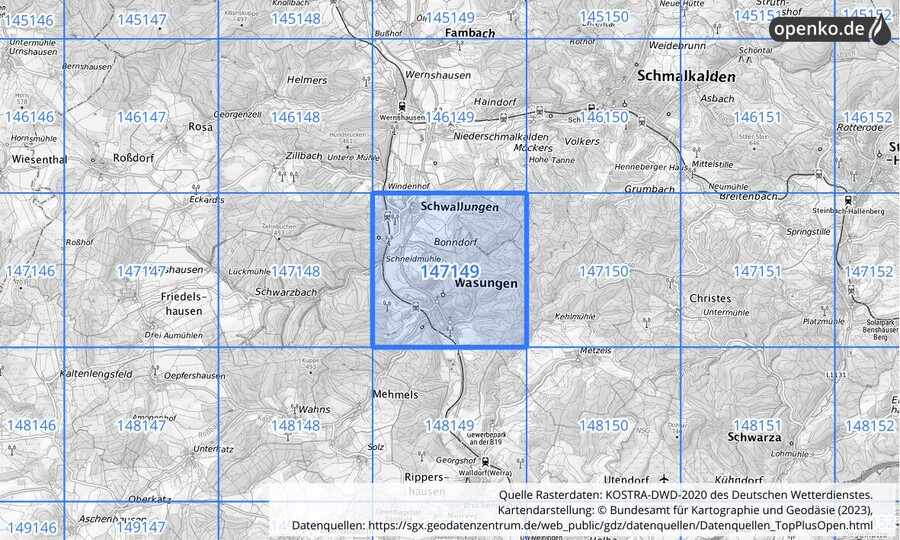 Übersichtskarte des KOSTRA-DWD-2020-Rasterfeldes Nr. 147149