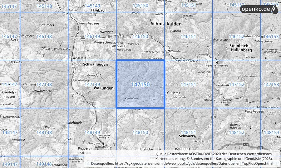 Übersichtskarte des KOSTRA-DWD-2020-Rasterfeldes Nr. 147150